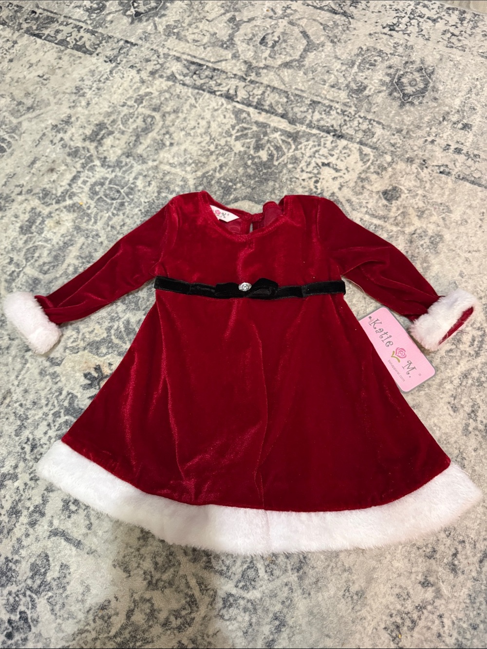 Red Velvet Holiday Dress with White Faux Fur Trim by